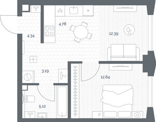 Планировка однокомнатной(квартира) площадью 42.66 квадратных метров в ЖК “ЖК TATE (Тэйт)”