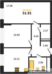 Планировка двухкомнатной(квартира) площадью 51.91 квадратных метров в ЖК “ЖК Егорово Парк”
