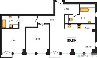 Планировка двухкомнатной(квартира) площадью 80.8 квадратных метров в “ЖК Emotion (Эмоушен)”