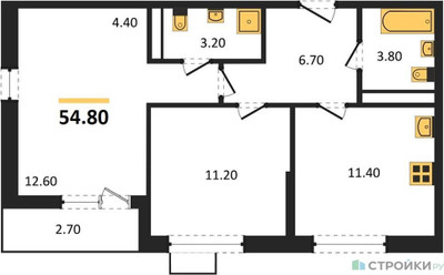 Планировка двухкомнатной(квартира) площадью 54.8 квадратных метров в “ЖК Скандинавия”