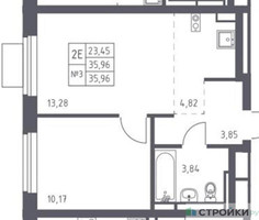 Планировка однокомнатной(квартира) площадью 35.96 квадратных метров в “ЖК Новое Видное”