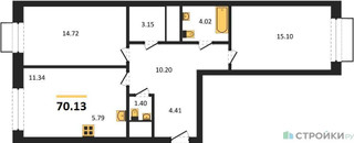 Планировка двухкомнатной(квартира) площадью 70.13 квадратных метров в “ЖК Новоград Павлино”