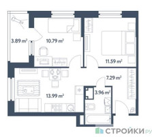 Планировка двухкомнатной(квартира) площадью 49.57 квадратных метров в “ЖК Светлый мир Станция Л”