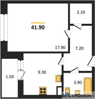 Планировка однокомнатной(квартира) площадью 41.9 квадратных метров в “ЖК Малиново”