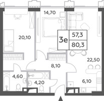 Планировка трехкомнатной(квартира) площадью 80.3 квадратных метров в “ЖК Will Towers (Вилл Тауэрс)”
