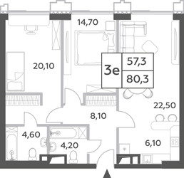 Планировка трехкомнатной(квартира) площадью 80.3 квадратных метров в ЖК “ЖК Will Towers (Вилл Тауэрс)”