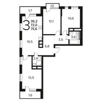 Планировка трехкомнатной(квартира) площадью 75.6 квадратных метров в “Новые Ватутинки. Заречный”