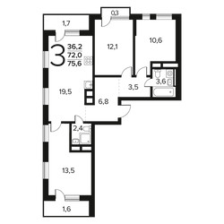 Планировка трехкомнатной(квартира) площадью 75.6 квадратных метров в ЖК “Новые Ватутинки. Заречный”
