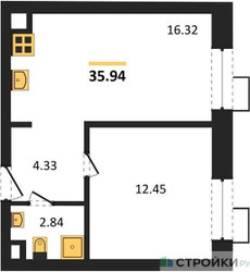 Планировка однокомнатной(апартаменты) площадью 35.94 квадратных метров в ЖК “ЖК N’ICE LOFT (Найс Лофт)”
