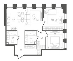 Планировка двухкомнатной(квартира) площадью 68 квадратных метров в “ЖК ПЕЙВ”