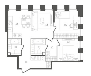 Планировка двухкомнатной(квартира) площадью 68 квадратных метров в ЖК “ЖК ПЕЙВ”