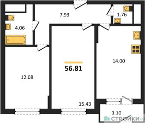Планировка двухкомнатной(квартира) площадью 56.81 квадратных метров в ЖК “ЖК Светлый мир БиоПолис”