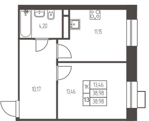 Планировка однокомнатной(квартира) площадью 39 квадратных метров в ЖК “ЖК Новая Ивантеевка”