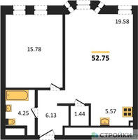 Планировка однокомнатной(апартаменты) площадью 52 квадратных метров в “ЖК GloraX Premium Белорусская (Глоракс Премиум)”