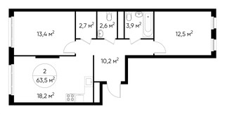 Планировка двухкомнатной(квартира) площадью 63.5 квадратных метров в “ЖК Переделкино Ближнее”