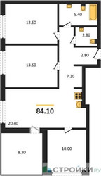 Планировка трехкомнатной(квартира) площадью 84.1 квадратных метров в ЖК “ЖК Квартал Издание”