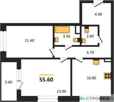 Планировка двухкомнатной(квартира) площадью 55.6 квадратных метров в “Жилые кварталы Белый Град”
