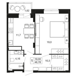Планировка однокомнатной(квартира) площадью 46.8 квадратных метров в ЖК “ЖК Времена года”