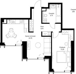 Планировка однокомнатной(квартира) площадью 53.9 квадратных метров в ЖК “ЖК Веер”