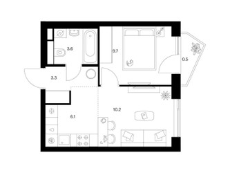 Планировка однокомнатной(квартира) площадью 33.4 квадратных метров в ЖК “ЖК Мичуринский Парк”