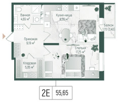 Планировка однокомнатной(квартира) площадью 57.35 квадратных метров в “ЖК Рига Хиллс”
