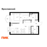 Планировка однокомнатной(квартира) площадью 38 квадратных метров в “ЖК Ярославский”