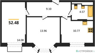 Планировка двухкомнатной(квартира) площадью 52.48 квадратных метров в “ЖК Квартал Домашний”