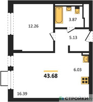 Планировка однокомнатной(квартира) площадью 43.68 квадратных метров в “ЖК Молжаниново”