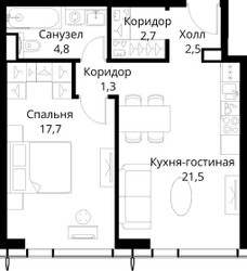 Планировка однокомнатной(квартира) площадью 50.5 квадратных метров в ЖК “ЖК Сити Бэй”