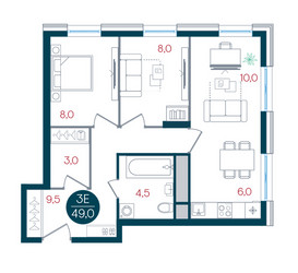 Планировка трехкомнатной(квартира) площадью 49 квадратных метров в ЖК “ЖК РУСИЧ-Кантемировский”