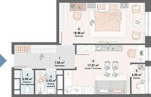 Планировка однокомнатной(квартира) площадью 51.3 квадратных метров в “ЖК Триумф (Пушкино)”