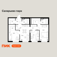 Планировка трехкомнатной(квартира) площадью 74.2 квадратных метров в “ЖК Саларьево парк”