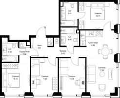Планировка 4+ комнатной(квартира) площадью 97.4 квадратных метров в “ЖК SET (Сет)”