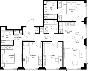 Планировка 4+ комнатной(квартира) площадью 97.4 квадратных метров в ЖК “ЖК SET (Сет)”