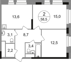 Планировка двухкомнатной(квартира) площадью 58.5 квадратных метров в ЖК “ЖК Первый Московский”