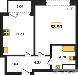 Планировка однокомнатной(квартира) площадью 38.9 квадратных метров в ЖК “Квартал Филатов луг”