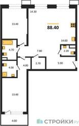 Планировка двухкомнатной(квартира) площадью 88.4 квадратных метров в ЖК “ЖК Дзен-кварталы”