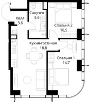 Планировка двухкомнатной(квартира) площадью 53.2 квадратных метров в “ЖК Сити Бэй”