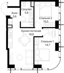 Планировка двухкомнатной(квартира) площадью 53.2 квадратных метров в ЖК “ЖК Сити Бэй”