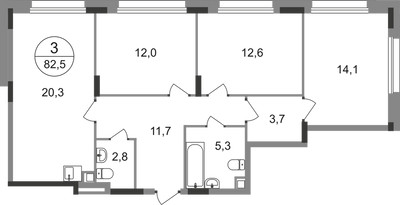 Планировка трехкомнатной(квартира) площадью 82.5 квадратных метров в ЖК “ЖК Переделкино Ближнее”