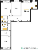 Планировка трехкомнатной(квартира) площадью 81.9 квадратных метров в “ЖК Новая Щербинка”