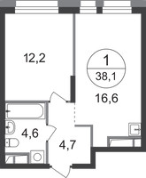 Планировка однокомнатной(квартира) площадью 38.1 квадратных метров в “ЖК Первый Московский”