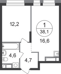 Планировка однокомнатной(квартира) площадью 38.1 квадратных метров в ЖК “ЖК Первый Московский”