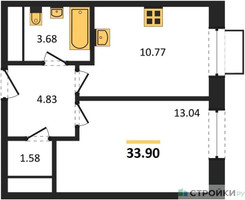Планировка студии(квартира) площадью 33.9 квадратных метров в “ЖК Новоград Павлино”