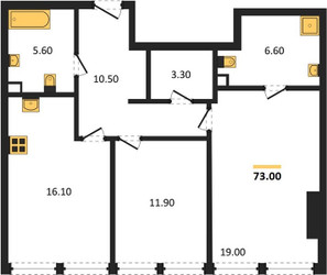 Планировка двухкомнатной(квартира) площадью 73 квадратных метров в ЖК “ЖК One Tower (Ван Тауэр)”
