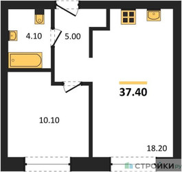 Планировка однокомнатной(квартира) площадью 37.4 квадратных метров в ЖК “ЖК Квартал Метроном”