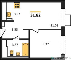Планировка однокомнатной(квартира) площадью 31.82 квадратных метров в “ЖК Пригород Лесное”
