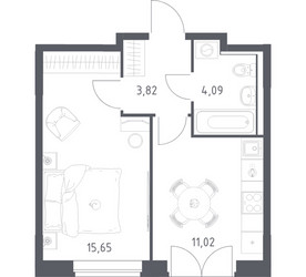 Планировка однокомнатной(квартира) площадью 34.58 квадратных метров в ЖК “ЖК Квартал Западный”