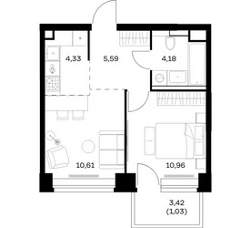 Планировка однокомнатной(квартира) площадью 36.7 квадратных метров в ЖК “ЖК НОВА”