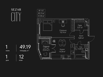 Планировка однокомнатной(квартира) площадью 49.19 квадратных метров в ЖК “ЖК Сезар Сити”